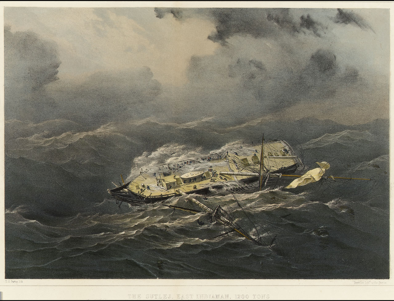 The 'Sutlej' East Indiaman, 1200 Tons. In a Hurricane off the Cape on the Morning of April 1st 1848 at 1/2 past 3 - in Lat 16.20 S Lon 23.58 E