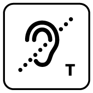 Icon: an ear with a horizontal dotted line through it and a capital letter T.