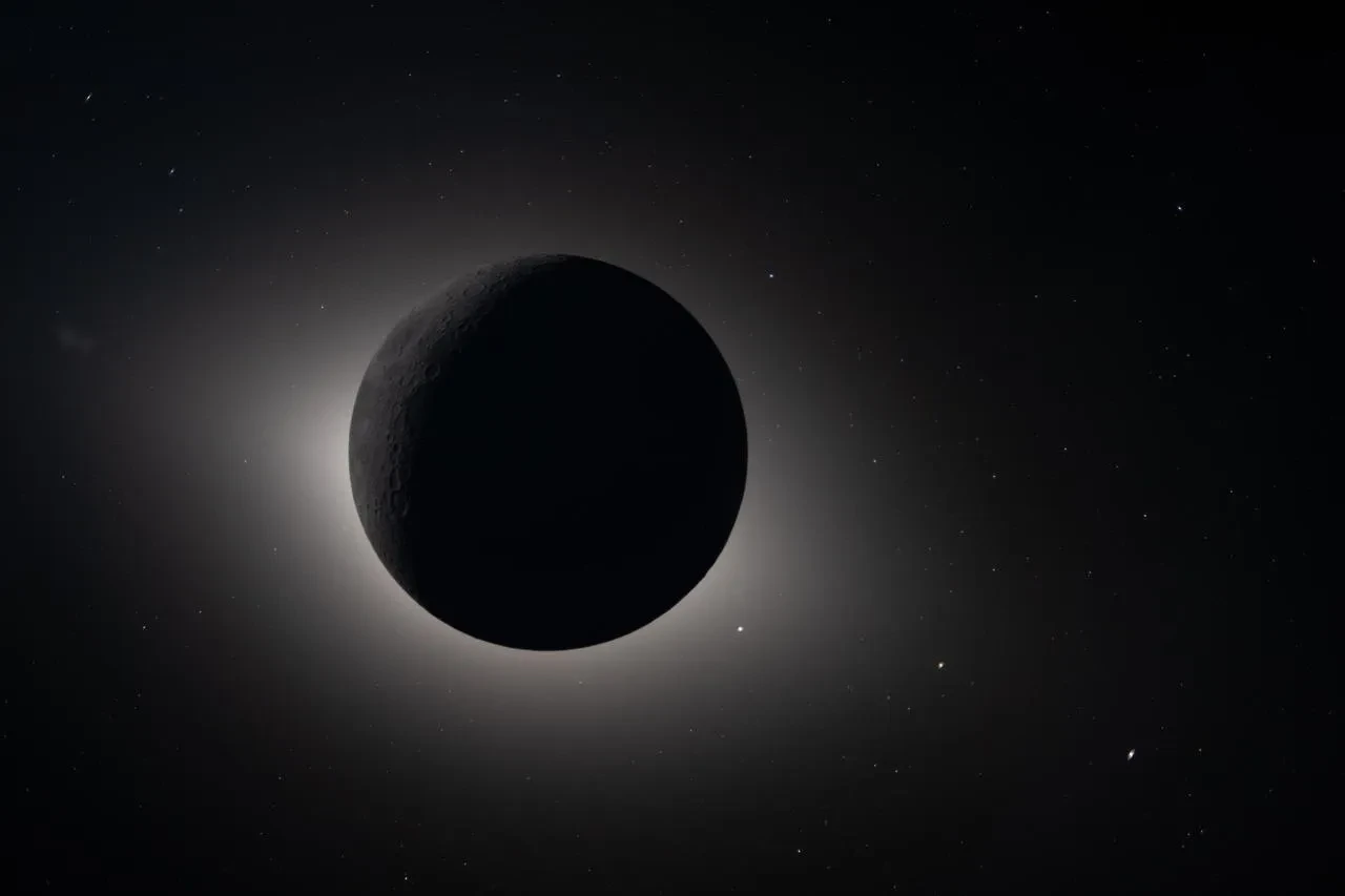 Dark, almost-black orb in space, with a glow of light behind it which is the solar corona