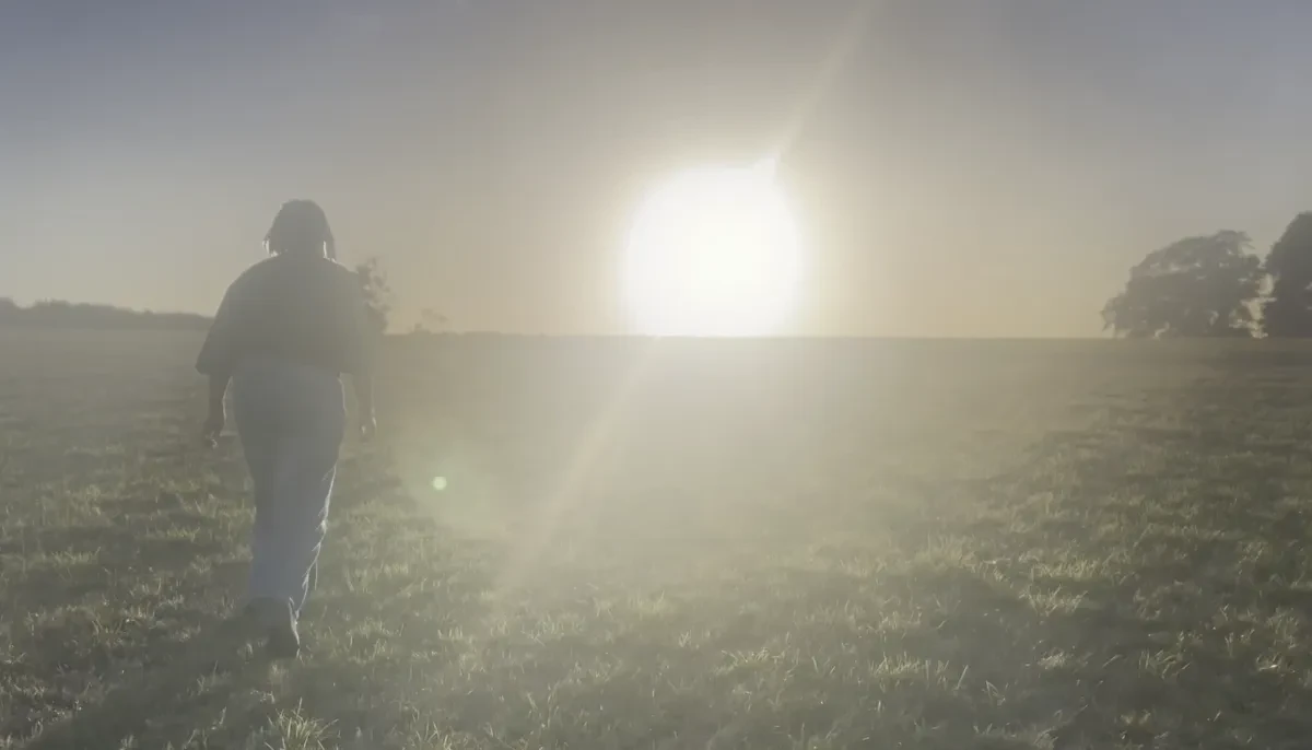 Artist Sharon Walters walks through a field towards a large Sun