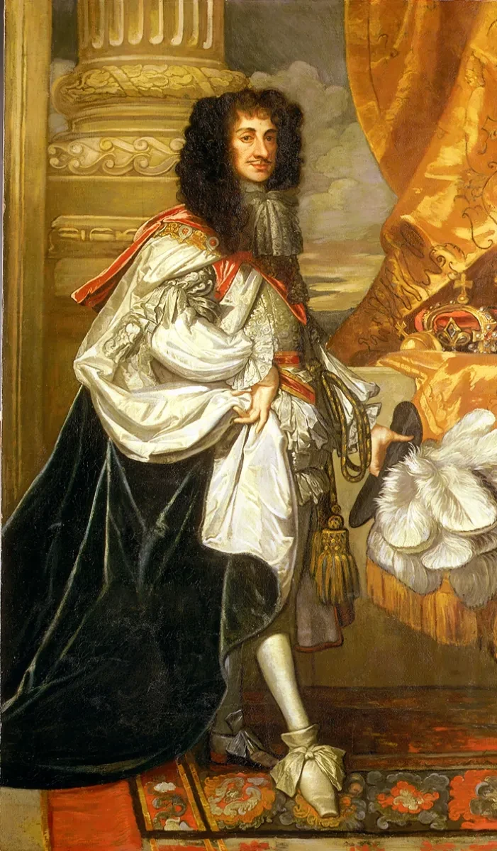 Painting of Charles the Second with elaborate silk robes and long dark curled wig.