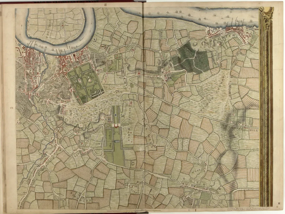 An aged map of Greenwich and surrounding area.