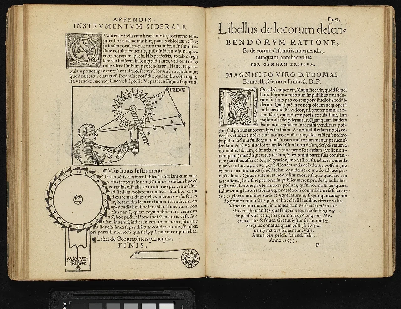 Scan of a page from Peter Apian's Cosmographia with instructions on how to use and make a nocturnal