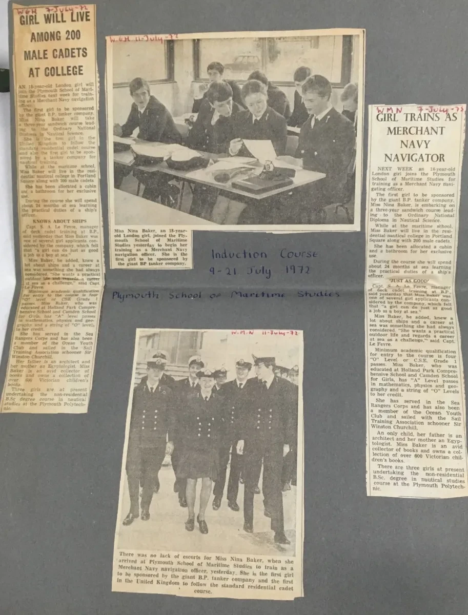 Newspaper articles and photos cut out and stuck to a dark grey piece of paper. The handwritten title in the centre reads 'Induction Course, 9-21 July 1972 - Plymouth School of Maritime Studies'