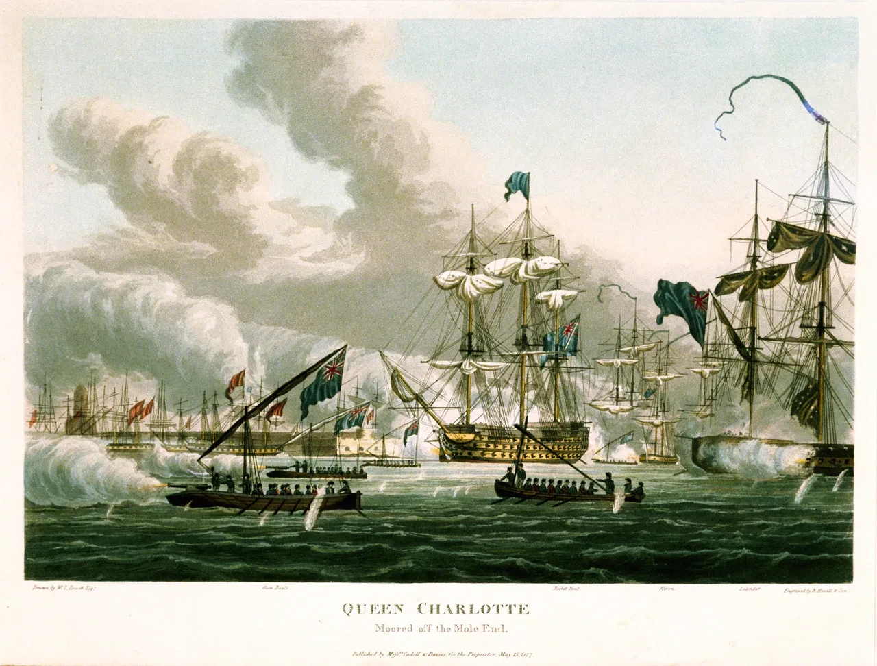Print showing a warship at anchor, with small rowing boats in the foreground