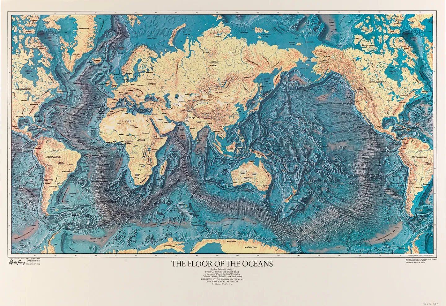 Map of the ocean floor based on bathymetric studies by Bruce C Heezen and Marie Tharp
