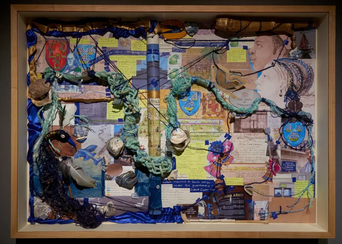 A colourful collage artwork featuring pieces of rope, shells and images of birds and historic documents